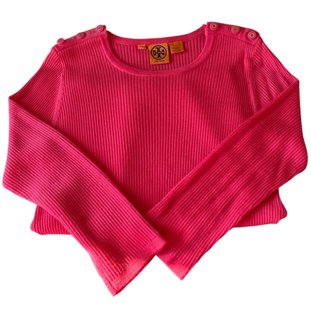 🌸Tory Burch Pink Ribbed Sweater with Pink and Silver Buttons-Size Large